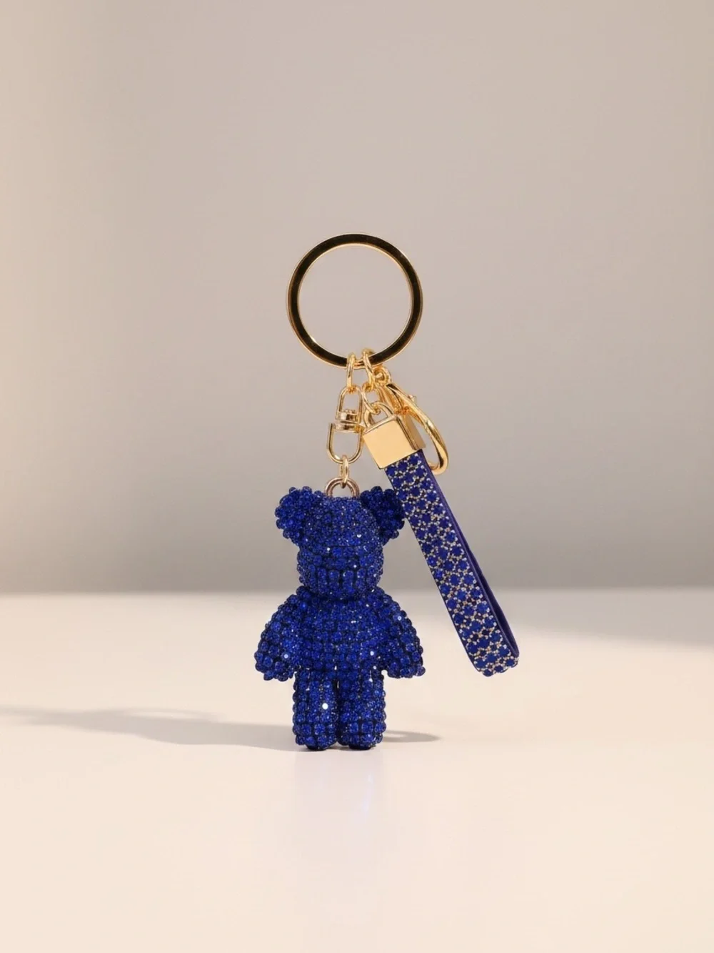 Blue Crystal Teddy Bear Charm with Rhinestone Strap